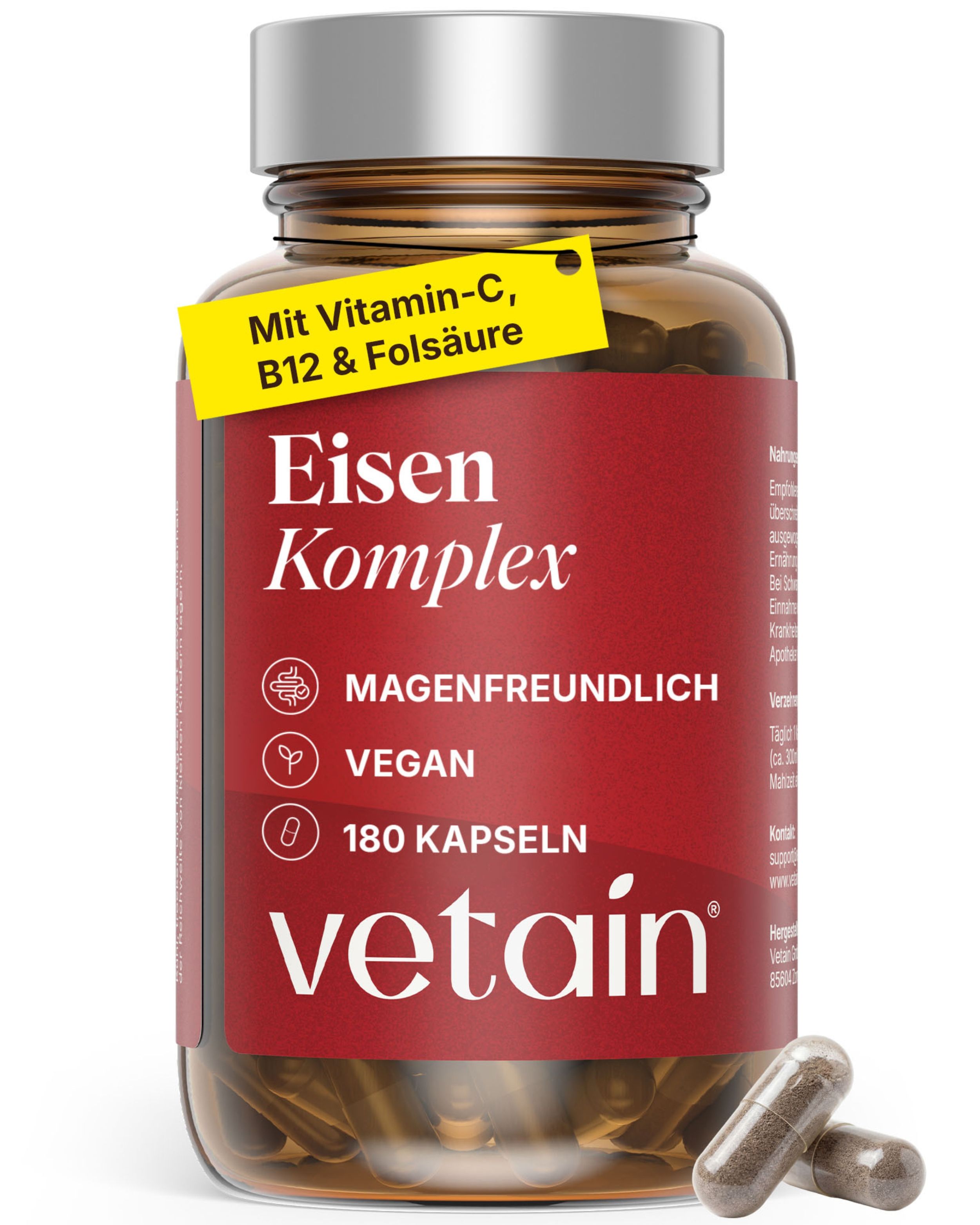 Vetain Eisen Komplex - Mit 20mg Eisenbisglycinat, Vitamin C, Kupfer, B6, B12 & Folsäure 180 St Kapseln