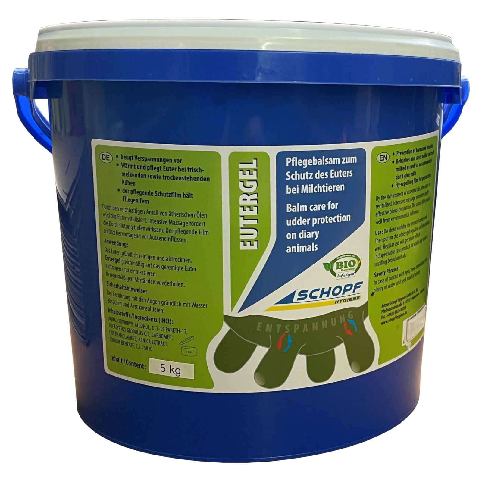 Blauer Eimer mit weißem Deckel und Griff. Aufkleber mit Produktnamen Eutergel, Logo und Text. Aufschrift: Pflegebalsam zum Schutz des Euters.