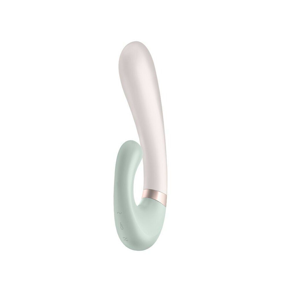 Vibrator. Weiß-grüne Form mit gebogener Spitze und Ring. Goldfarbener Ring am Übergang. Seitenansicht.
