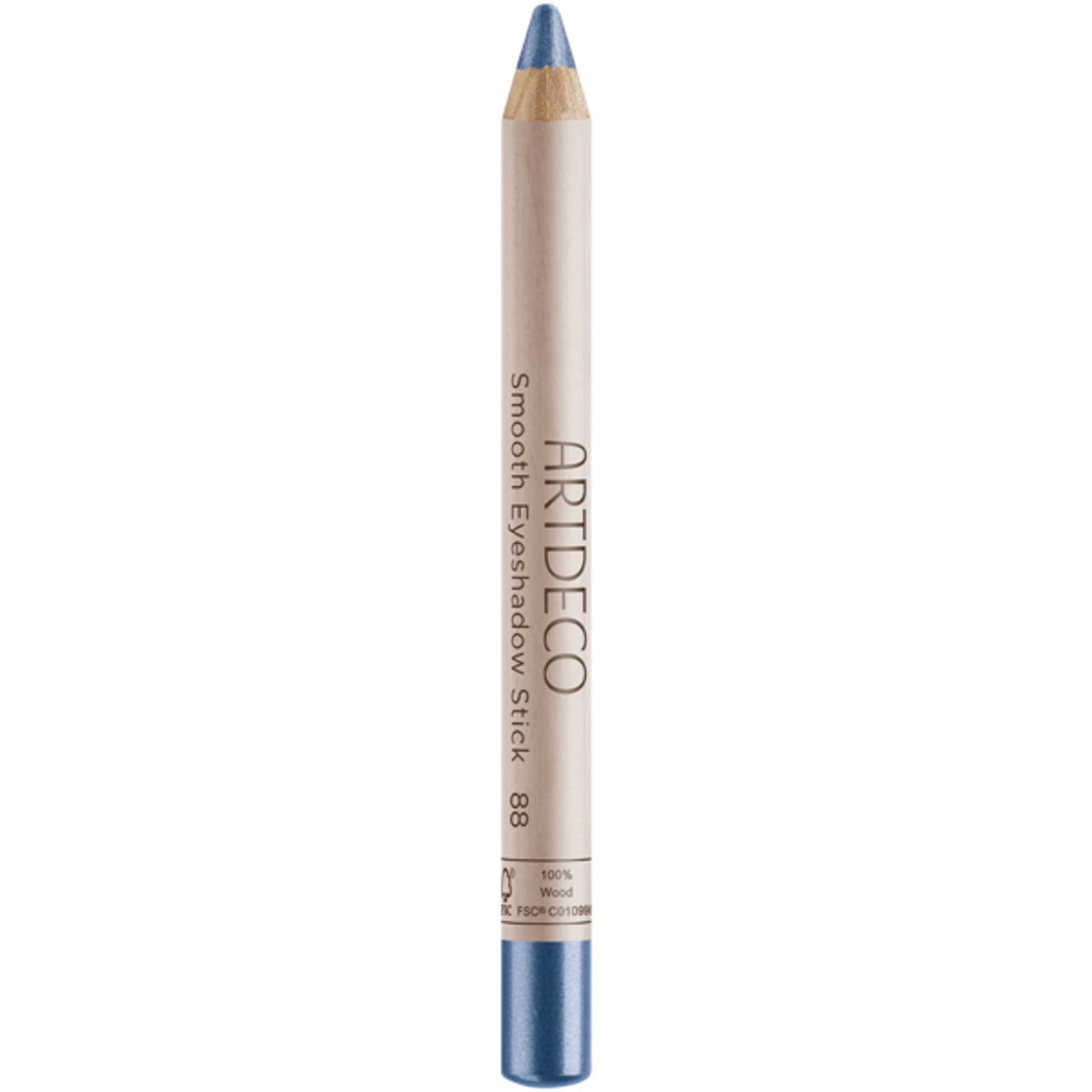 Blauer Artdeco Smooth Eyeshadow Stick. Holzstift mit Produktbezeichnung und Farbnummer 88. Spitze und unteres Ende blau.