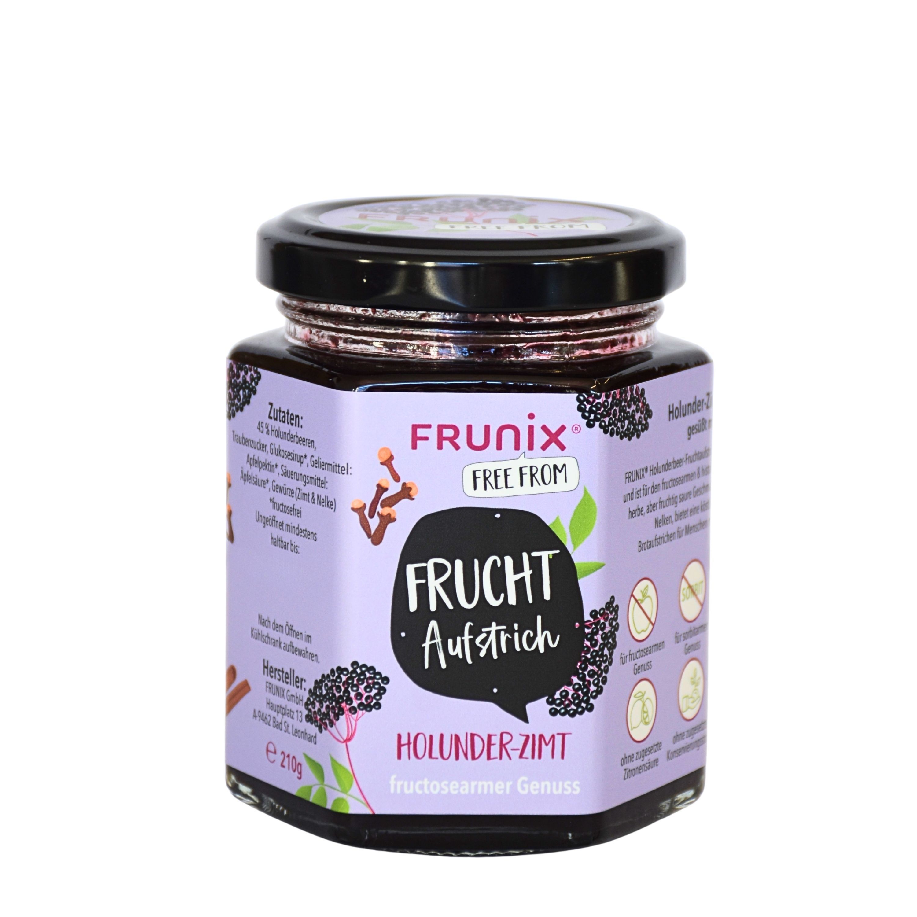 Glas Frunix Fruchtaufstrich Holunder-Zimt. Lila Etikett mit Produktnamen, Logos und Illustrationen. Schwarzer Deckel. 210g.