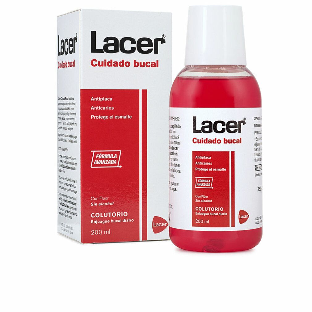 Rote Mundspülung und Karton. Aufschrift: Lacer, Cuidado bucal. Enthält Fluorid. 200 ml.