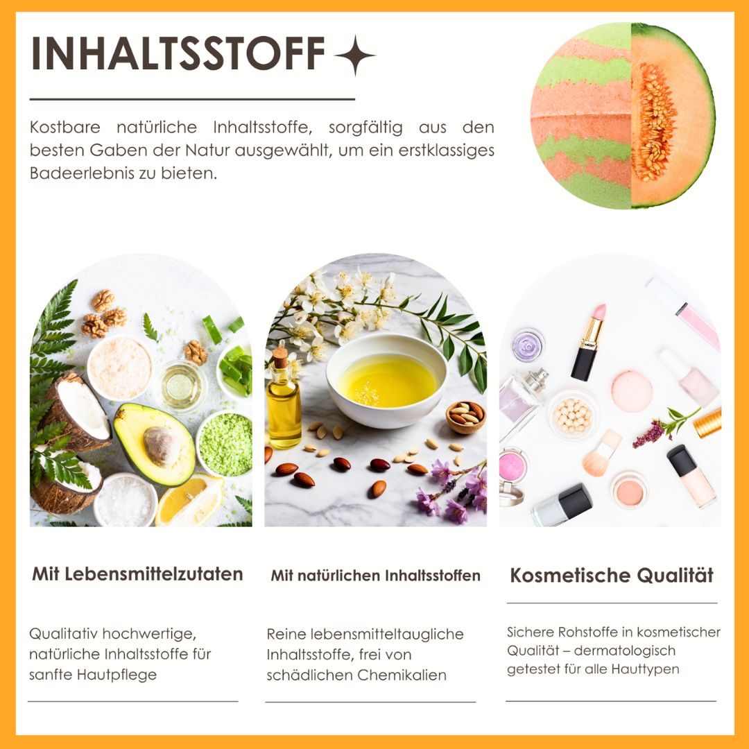Infografik mit Inhaltsstoffen. Bilder von Zutaten wie Avocado, Öl, Mandeln. Text: Kosmetische Qualität, Lebensmittelzutaten.