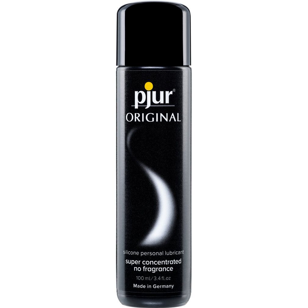 Schwarze Flasche mit schwarzem Deckel. Gelber Kreis mit "pjur" und "ORIGINAL". Text: SILICONE-BASED PERSONAL LUBRICANT.