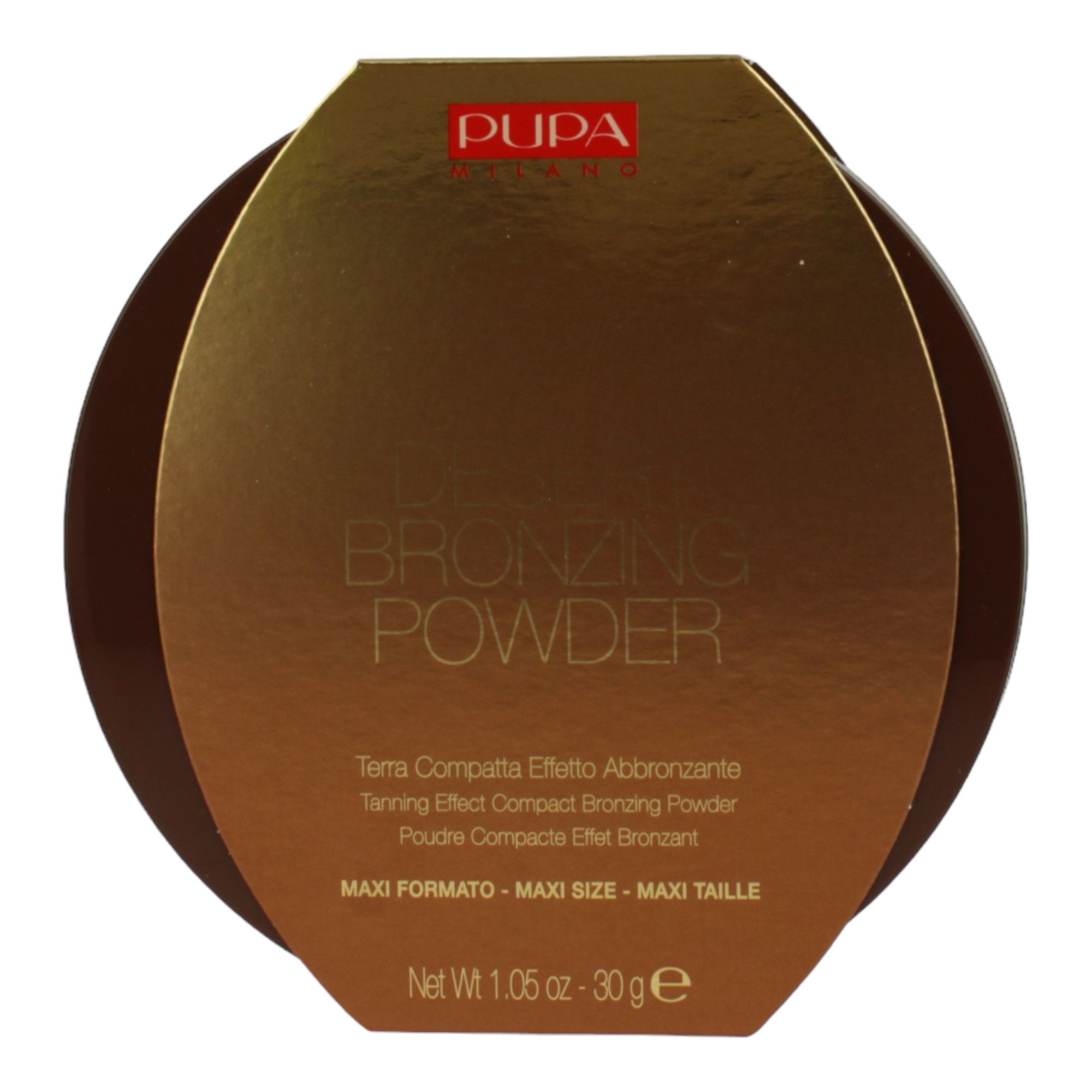 Bronzing Powder-Verpackung. Goldfarbener Deckel mit Produktbezeichnung. Braune, runde Dose. Netto 30g.