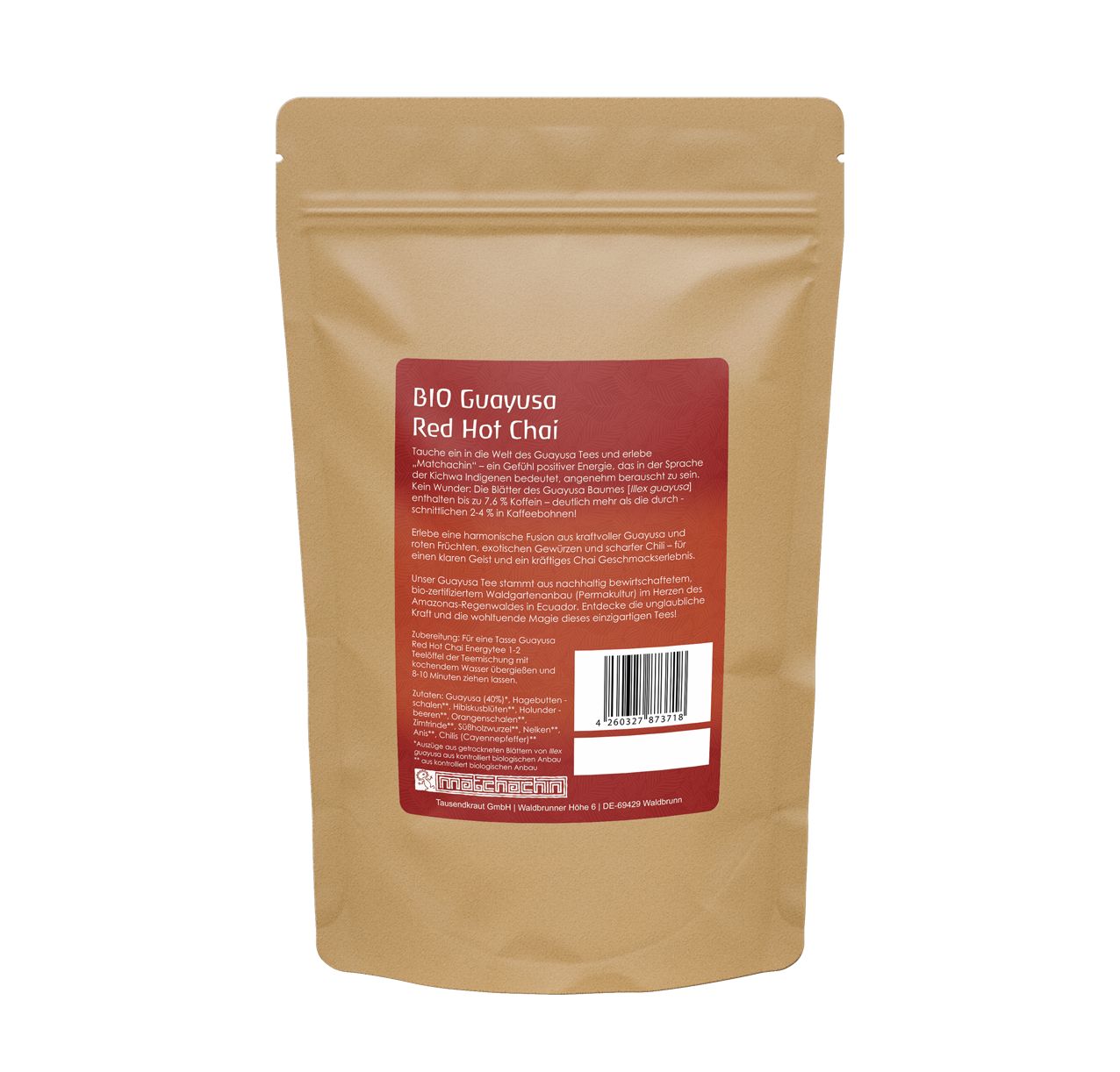 Bio Guayusa Red Hot Chai Tee, braune Standbodenbeutel mit Etikett und Barcode.