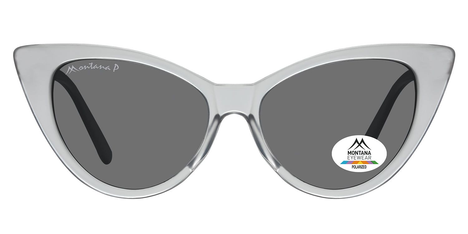 Graue Sonnenbrille mit Katzenaugenform. Montana Eyewear Logo und Polarisations-Aufkleber auf dem Glas. Schwarze Bügel.