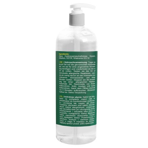 Transparente Flasche mit Dosierpumpe. Rückseite mit Text in mehreren Sprachen.
