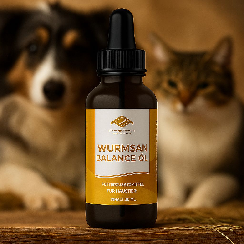 Eine Flasche Wurmsan Balance Öl vor einem Hund und einer Katze. Braune Glasflasche mit schwarzer Pipette. Gelbes Etikett mit Text.