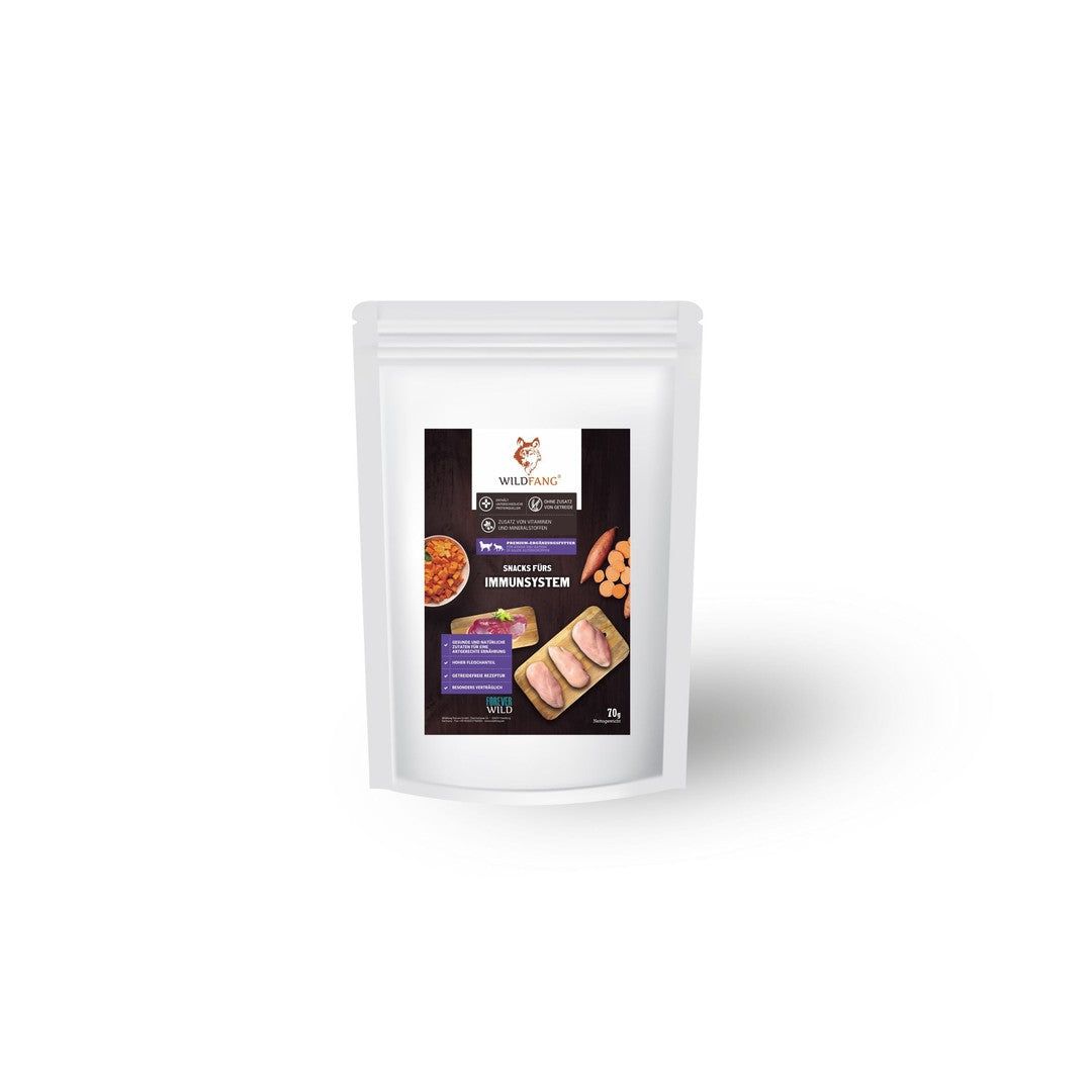 Weißer Beutel mit Produktetikett. Etikett zeigt Produktabbildungen und Text. Marke Wildfang sichtbar.