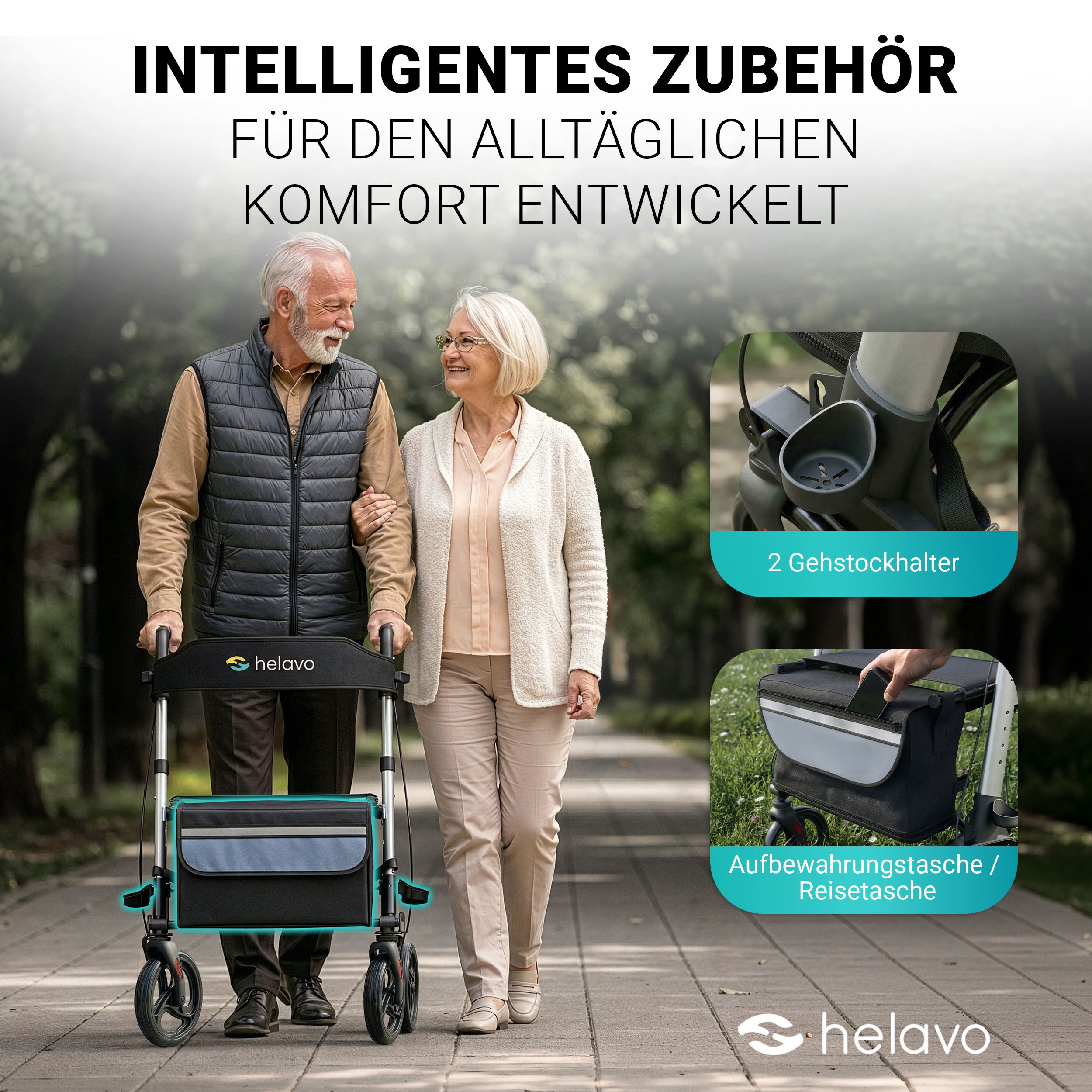 Helavo Aluminium Rollator faltbar mit Sitzfläche und Reisetasche leicht 8,3kg