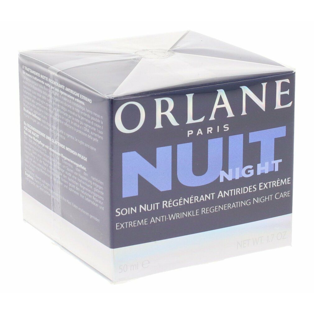 Dunkelblaue Schachtel. Aufschrift: ORLANE PARIS, NUIT NIGHT, Extreme Anti-Wrinkle Regenerating Night Care. 50 ml.