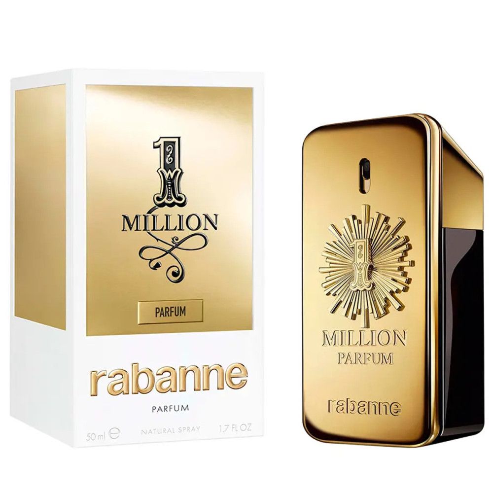 Goldfarbener Flakon und Verpackung. Aufschrift: 1 Million Parfum. Marke: Rabanne. Verpackung: weiß mit Gold.