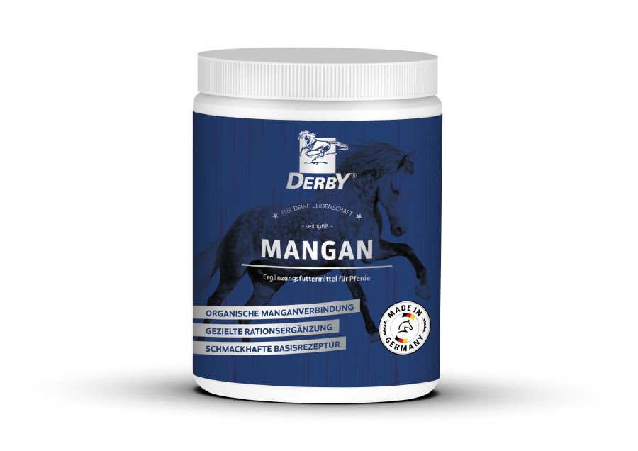 Blaue Dose mit weißem Deckel. Aufschrift "Derby Mangan". Enthält organische Manganverbindung. "Made in Germany"-Siegel.