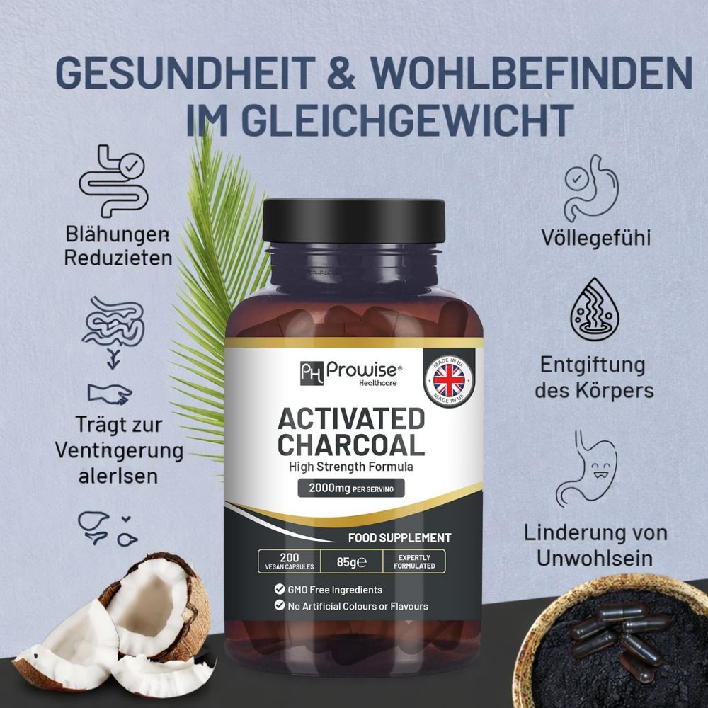 Braune Flasche mit Prowise Healthcare Aktivkohle-Kapseln. Text: Activated Charcoal, 2000mg. Illustrationen: Blähungen reduzieren, Entgiftung.