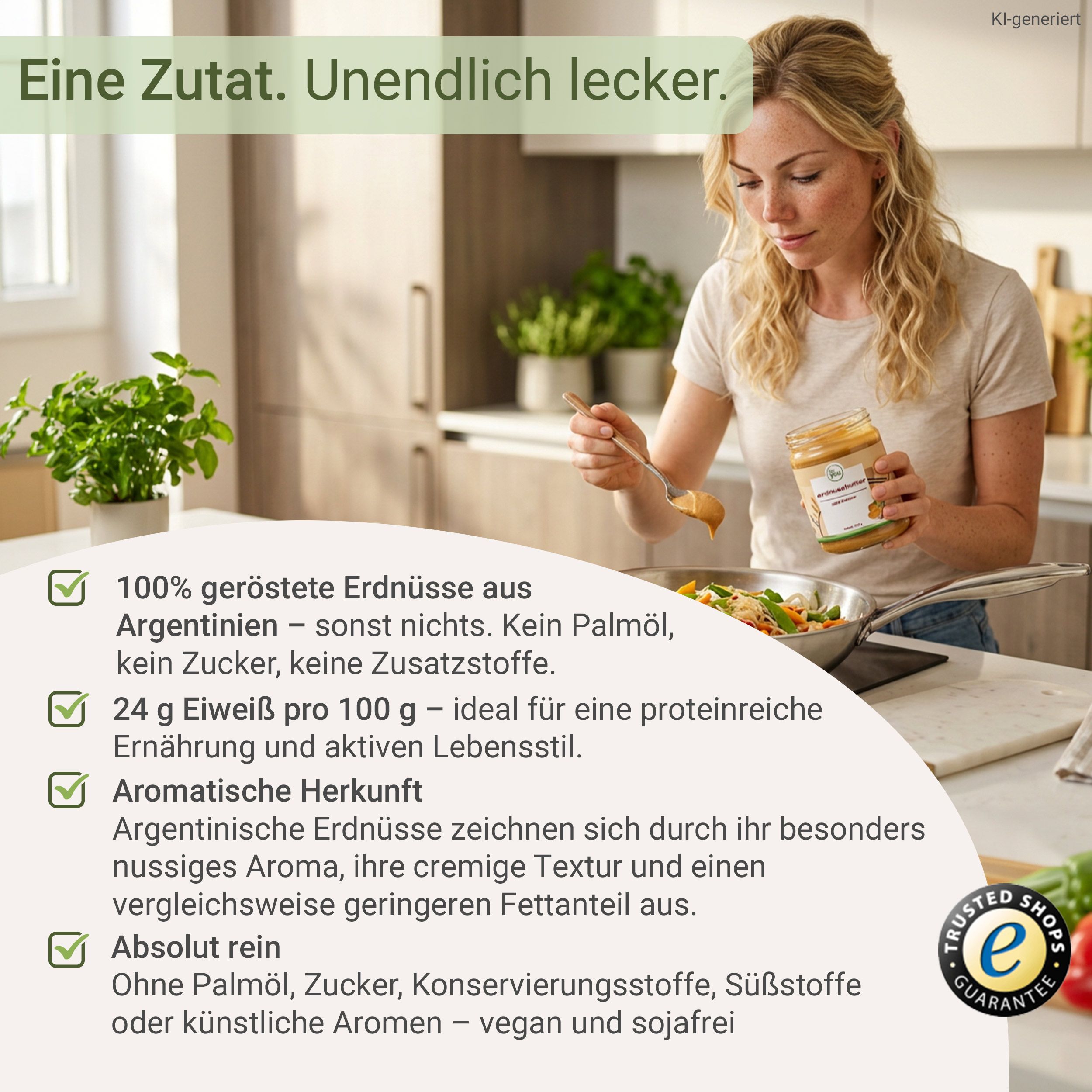 Glas Erdnussbutter mit Etikett, daneben eine Frau, die Erdnussbutter in eine Pfanne gibt.