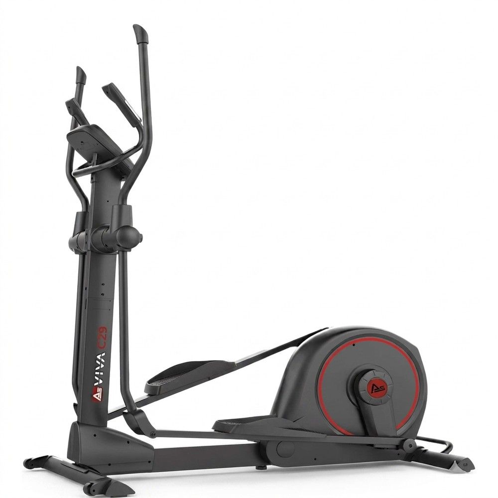 AsVIVA Crosstrainer C29 Pro in Schwarz mit roten Akzenten, Seitenansicht.