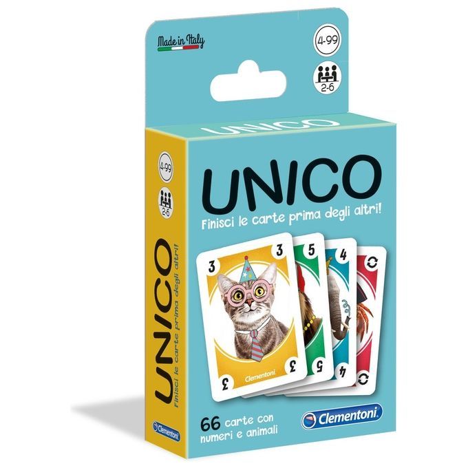Gioco di carte Unico di Clementoni. La confezione mostra il gioco con il nome "UNICO" a caratteri grandi. Sono raffigurate carte con numeri e immagini di animali. Il gioco è adatto per 2-6 giocatori di età compresa tra 4 e 99 anni. Contiene 66 carte.
