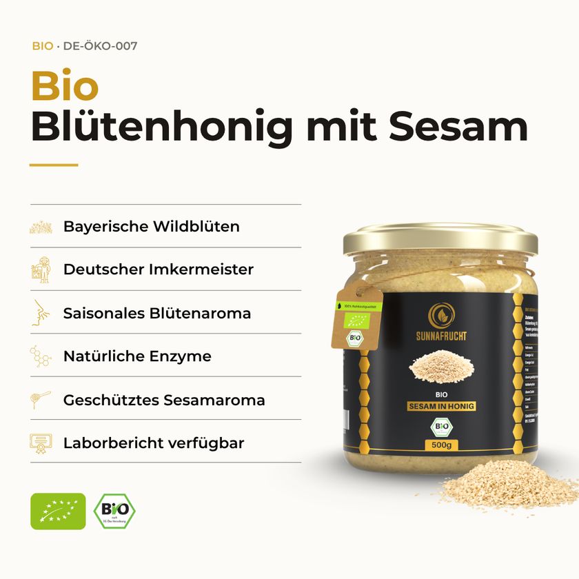SUNNAFRUCHT® Premium BIO Blütenhonig mit geröstetem Bio-Sesam
