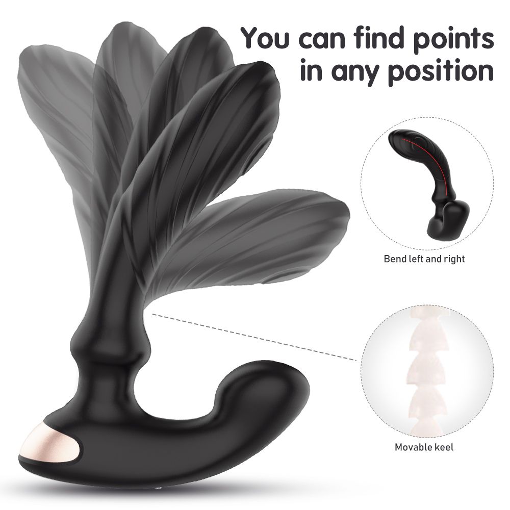 Schwarzes Wellness-Produkt mit gebogener Form. Zusätzliche Grafiken zeigen Flexibilität und bewegliche Teile.