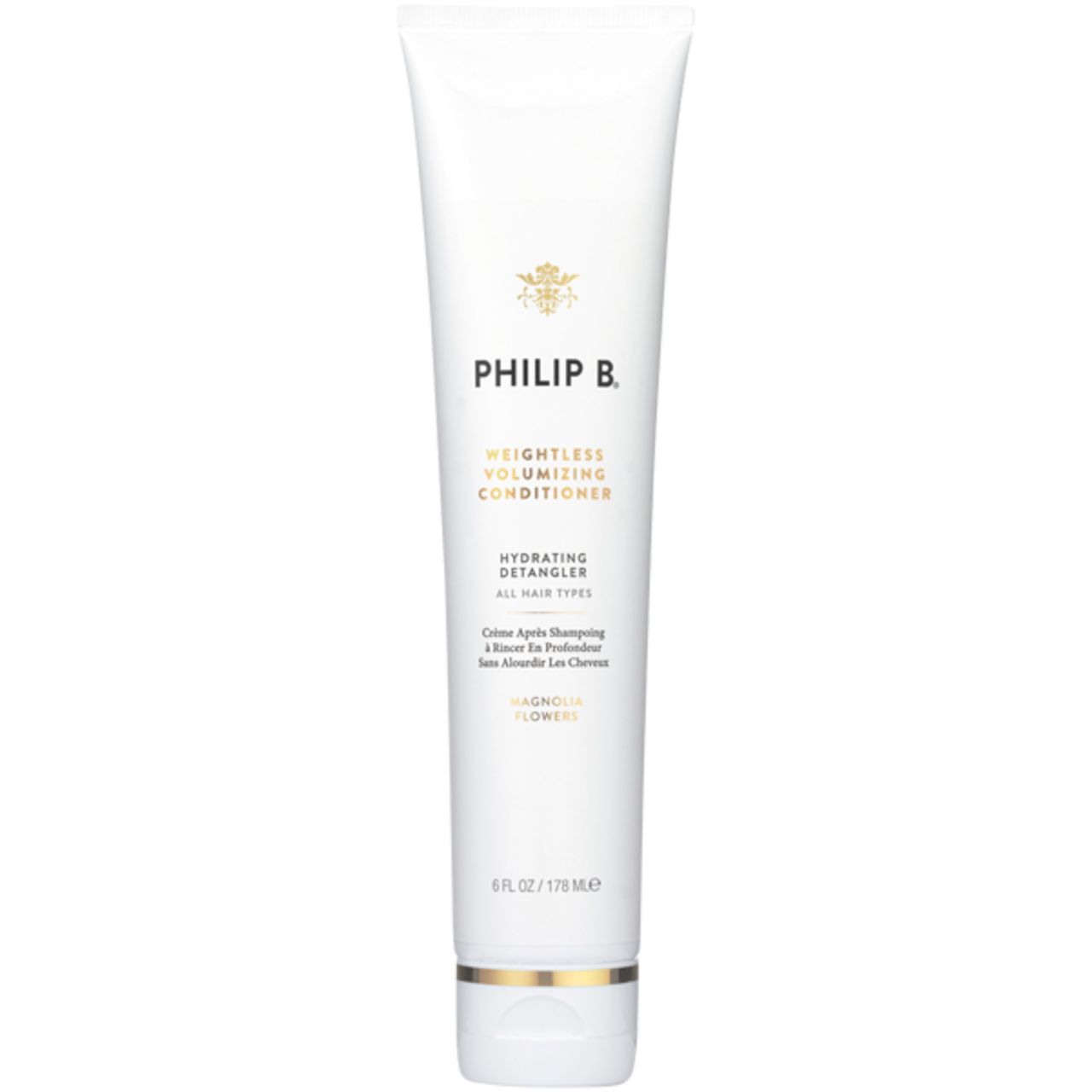 Weiße Tube mit goldfarbenen Akzenten. Aufschrift: Philip B, Weightless Volumizing Conditioner. Text: Hydrating Detangler, All Hair Types.