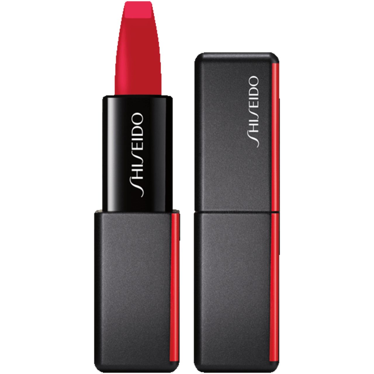Roter Lippenstift mit schwarzer Hülle. Marke Shiseido. Geöffnet und geschlossen dargestellt. Rote Akzente.