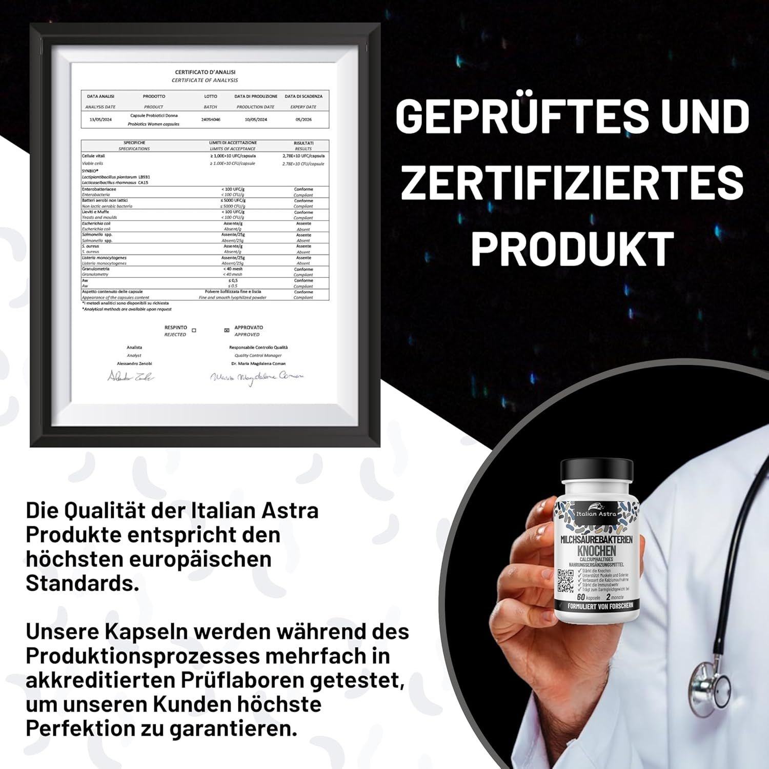 Zertifikat in schwarzem Rahmen. Text: GEPRÜFTES UND ZERTIFIZIERTES PRODUKT. Flasche mit Produktetikett. Marke: Italian Astra.