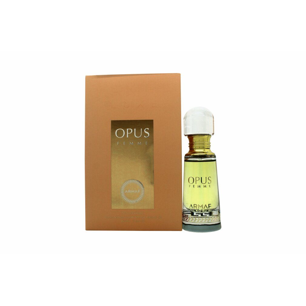 Parfümöl-Flakon und Verpackung. Flakon mit goldfarbenem Verschluss und Etikett. Verpackung in Goldtönen mit Produktnamen.