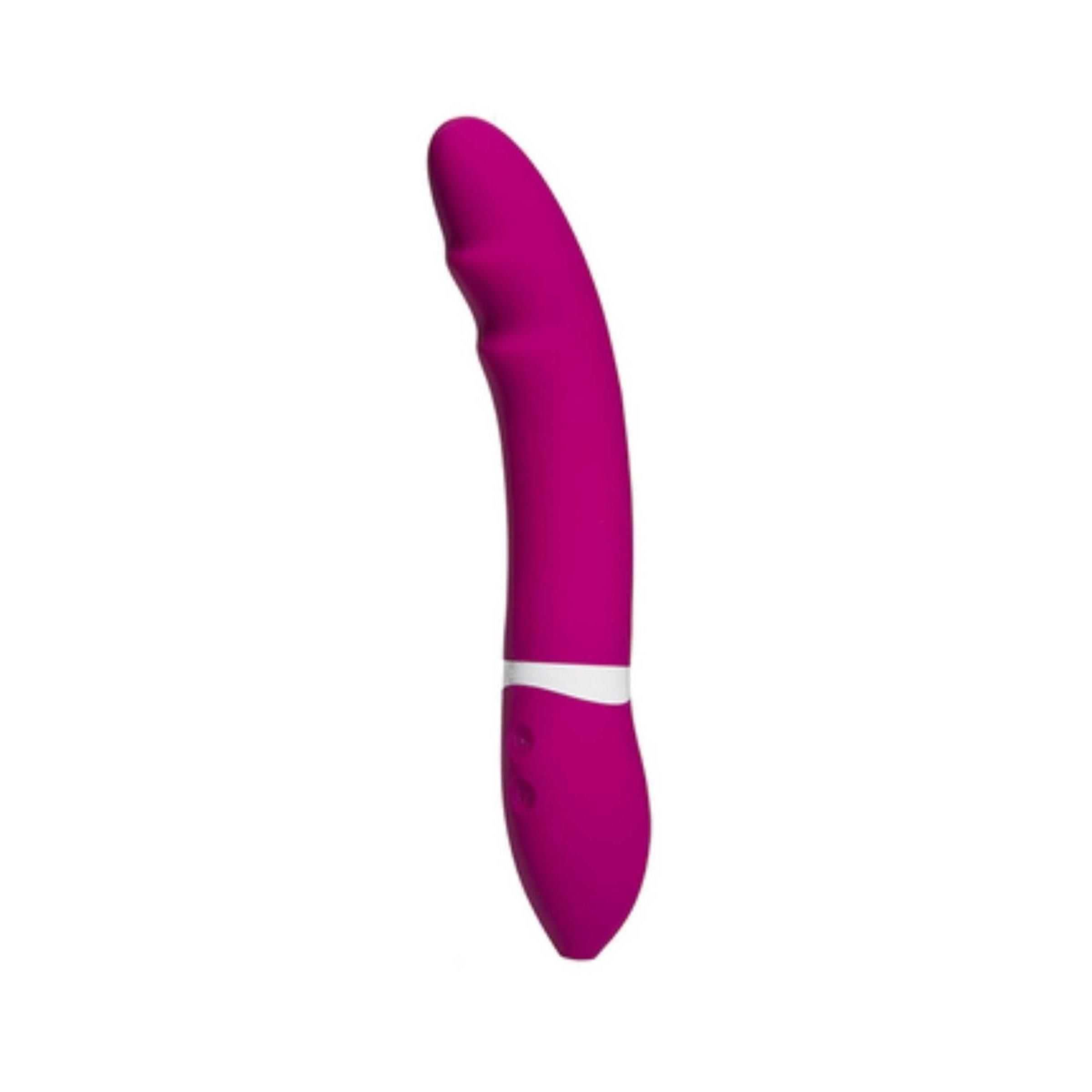 Rosa Vibrator, gebogen Form. Weißes Band, Knöpfe. Glatte Oberfläche. Ohne Verpackung.