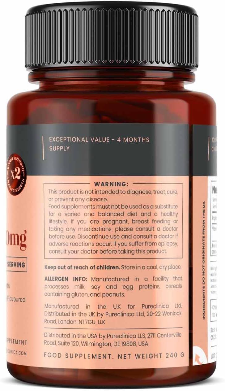 Braune Flasche Pureclinica Vitamin C Tabletten. Rückseite mit Warnhinweisen, Allergeninformationen und Herstellerangaben.