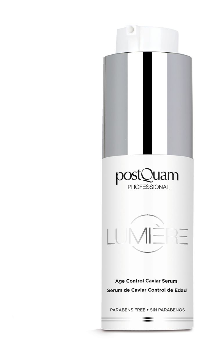 Serumflasche. Aufschrift: Postquam Lumière Age Control Caviar Serum. Parabenfrei.