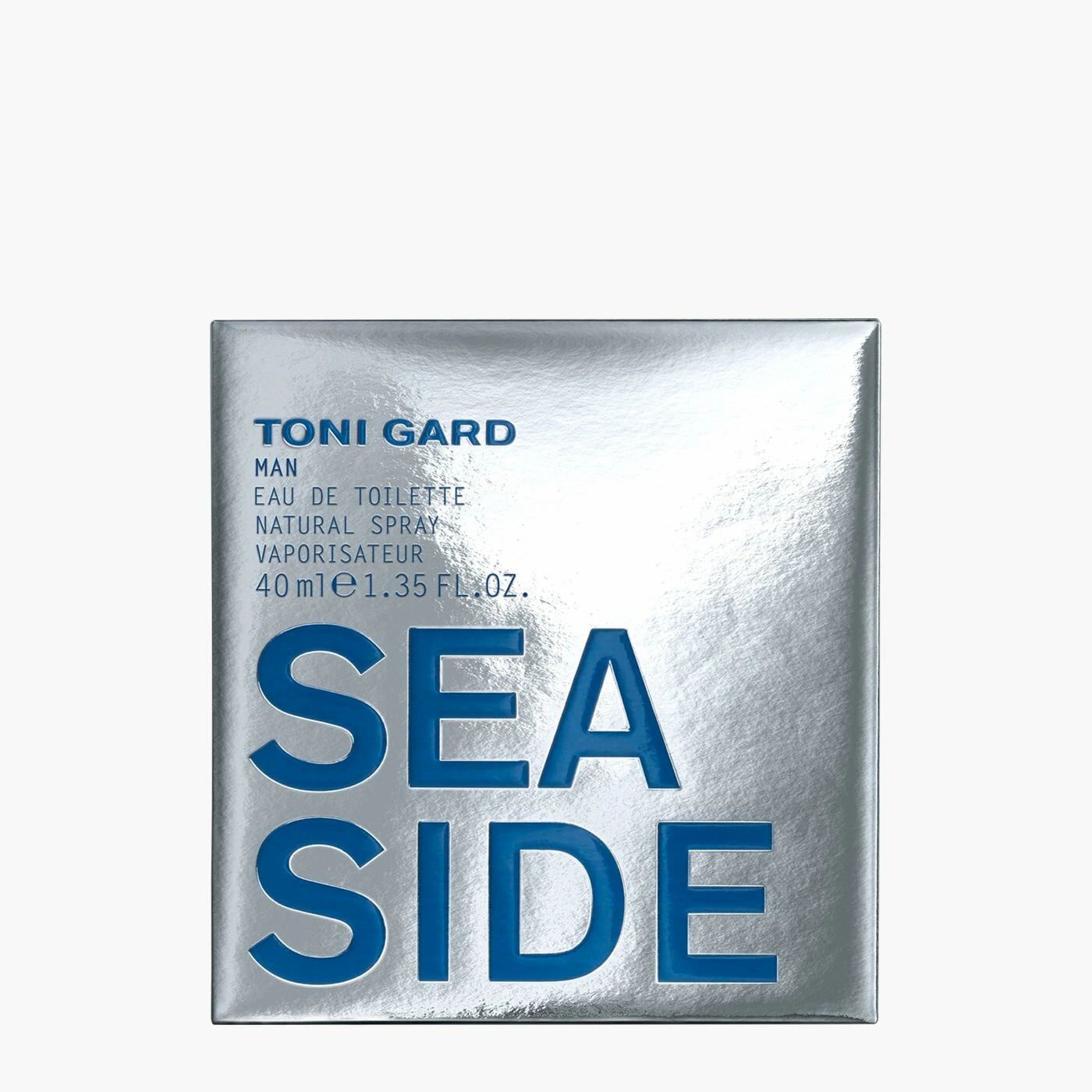 Silberne Verpackung mit blauer Schrift. Enthält Produktinformationen: Toni Gard, Man, Eau de Toilette, Seaside.