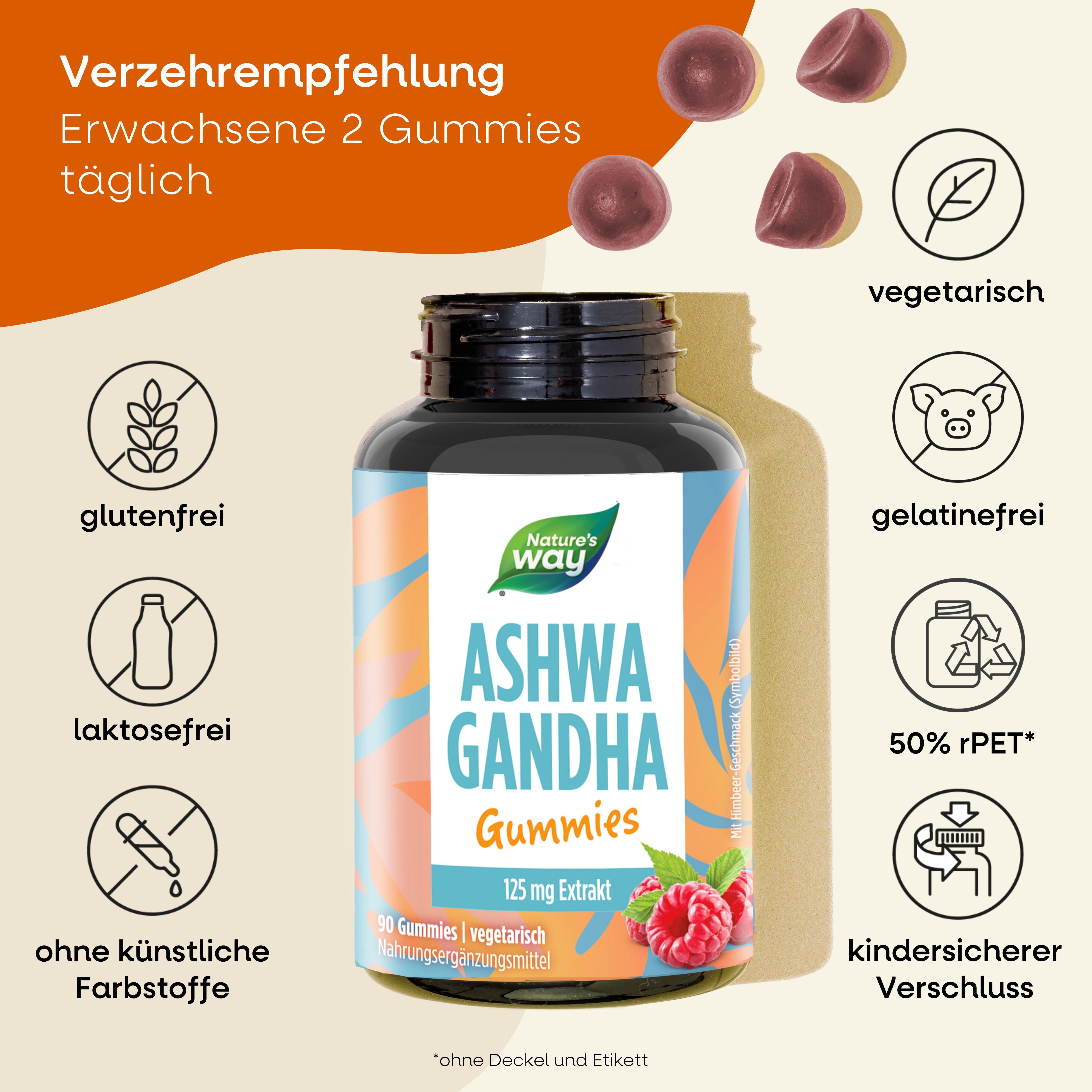 Dose mit Ashwagandha Gummies. Text: Nature's Way, Ashwagandha Gummies, 125 mg Extrakt. Vegetarisch, glutenfrei, laktosefrei.