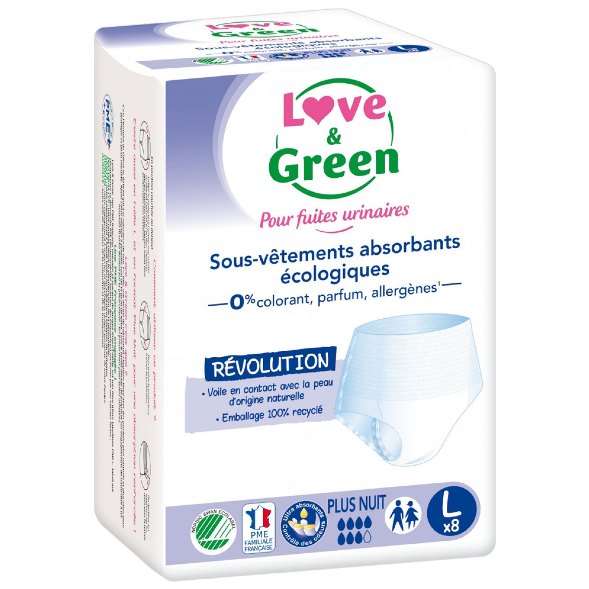 Love & Green for Urinary Leakage Night Absorbierende Unterwäsche 8 Einlagen (Größe: L) 23x19x15 cm
