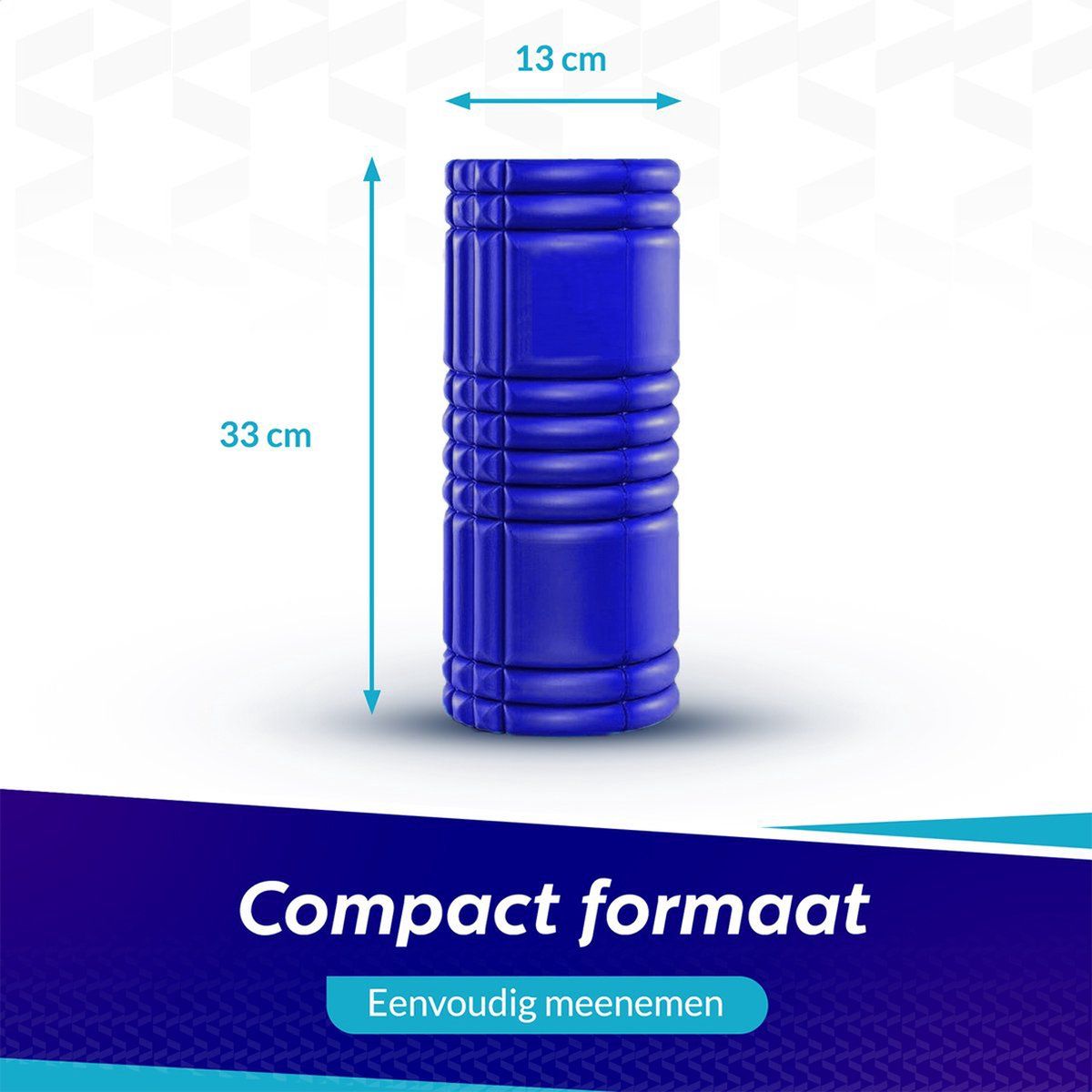 Blaue Faszienrolle, 33 cm lang und 13 cm im Durchmesser, mit Rillen.