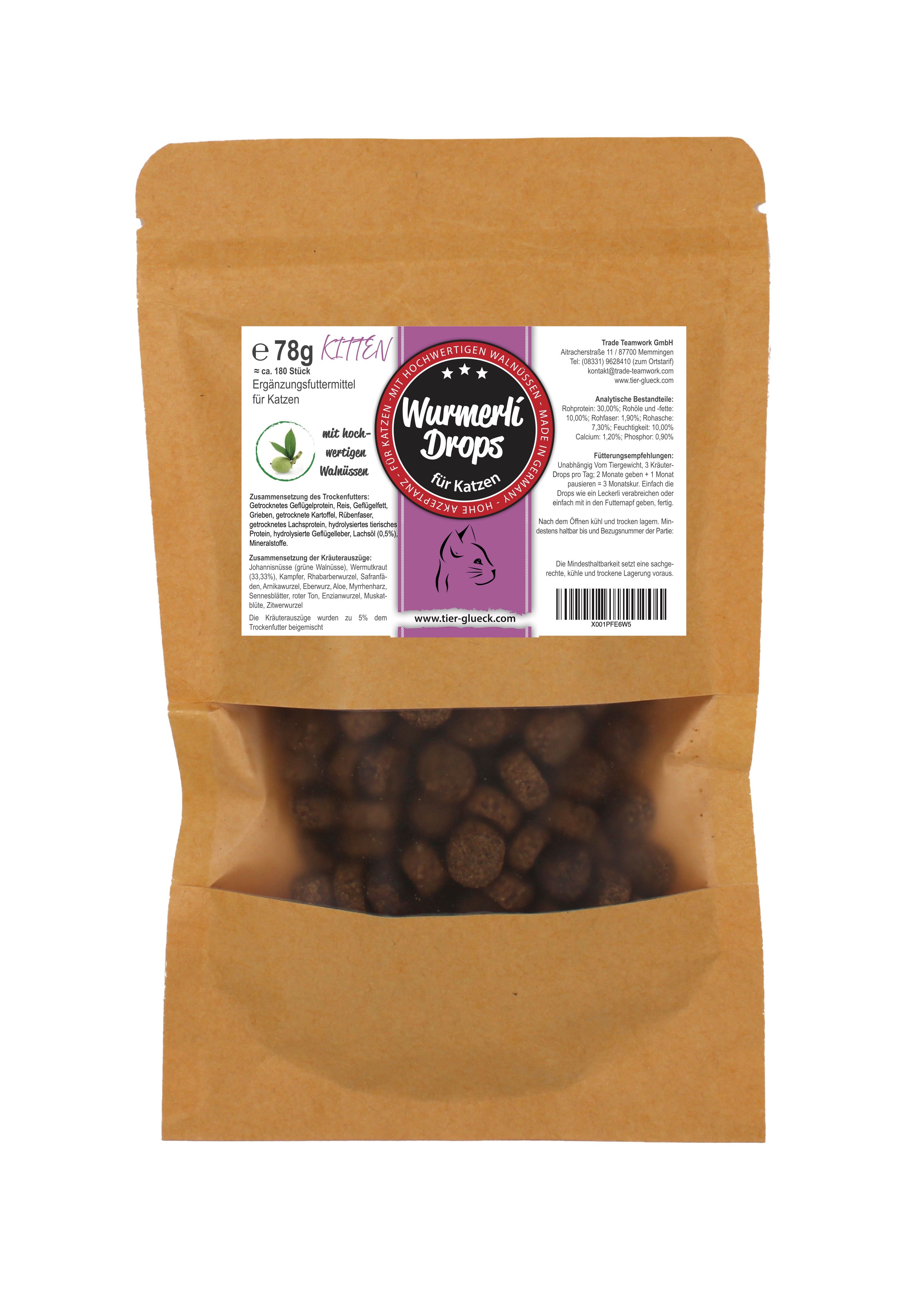 TierGlück Wurmerli Drops Kitten – Katzen-Leckerlis mit Walnuss & Wermut 78 g Futter