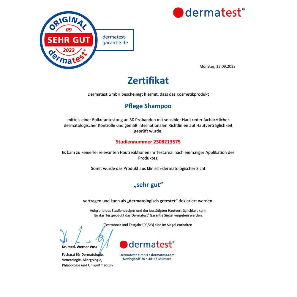 Zertifikat von dermatest.de. Text: Pflege Shampoo. Ergebnis: sehr gut. Geprüft auf Hautverträglichkeit.