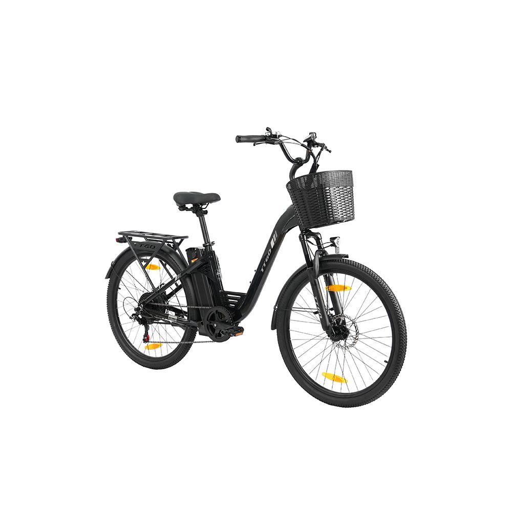 Schwarzes TTGO C2 PRO E-Bike. Korb vorne, Gepäckträger hinten. Shimano 7-Gang. Batterie am Rahmen.