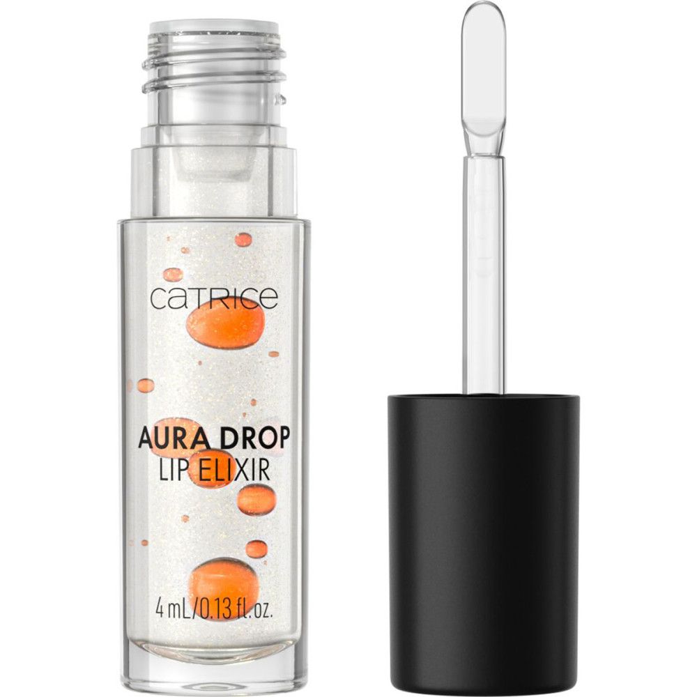 Transparenter Lipgloss-Flakon mit schwarzem Deckel und Applikator. Enthält orangefarbene Partikel. Aufschrift: CATRICE, AURA DROP LIP ELIXIR, 4 ml/0.13 fl. oz.