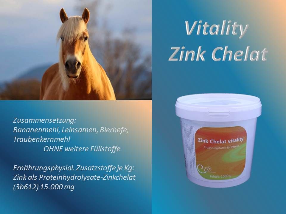 Werbetafel mit Pferd und Eimer. Eimer: Zink Chelat vitality. Text über Inhaltsstoffe.