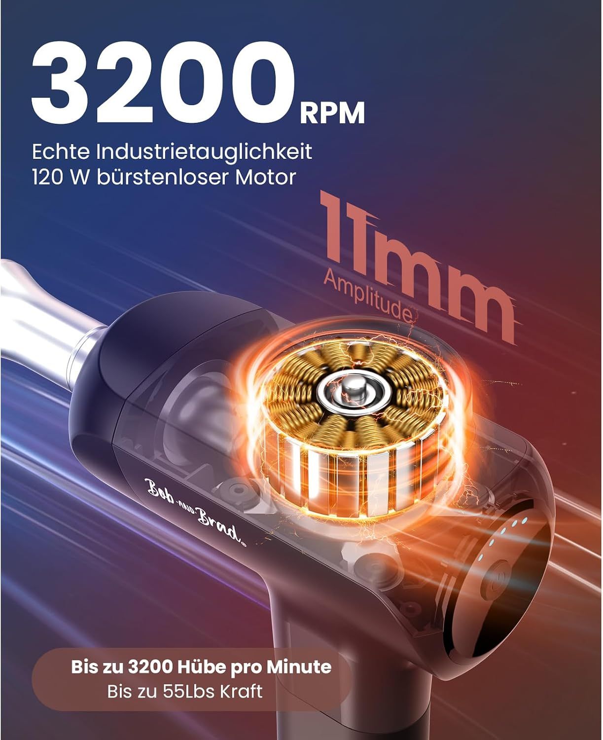 Massagepistole mit 120W bürstenlosem Motor, 11mm Amplitude und bis zu 3200 U/min.