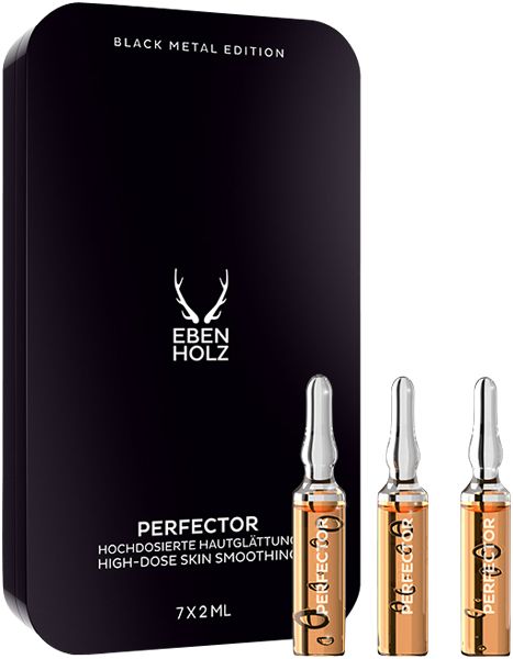 Schwarze Verpackung mit Ebenholz-Logo und Perfector-Schriftzug. Drei Ampullen daneben. Text: Black Metal Edition, 7x2ml.