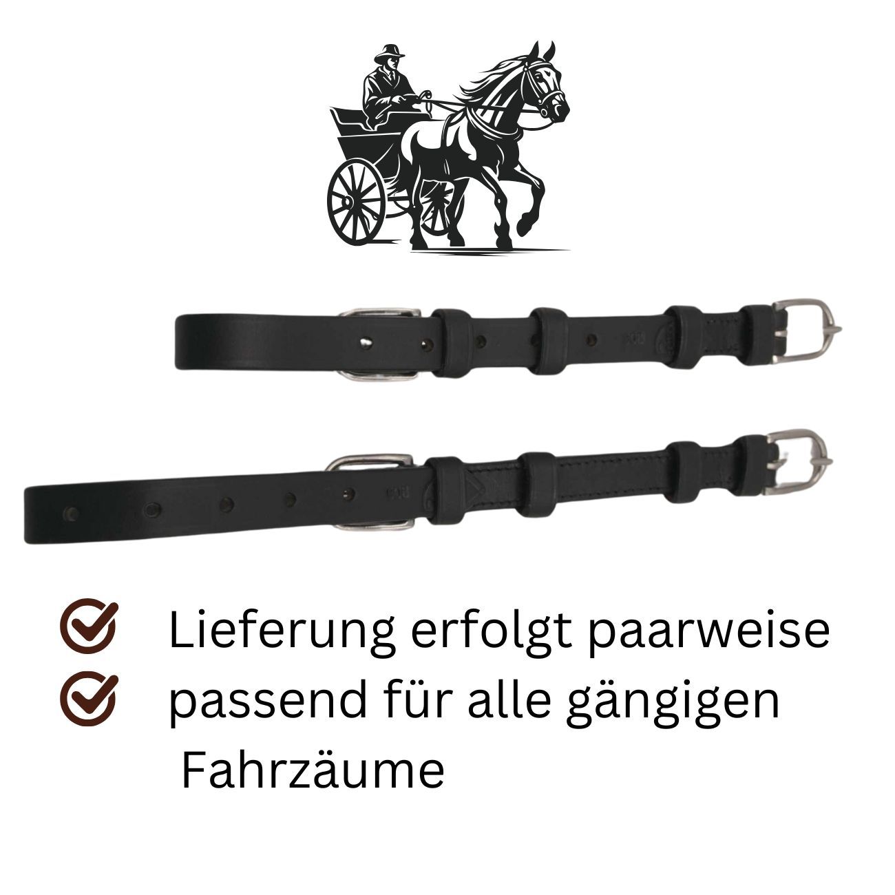 Zwei schwarze Lederriemen mit silberfarbenen Schnallen. Text: Lieferung paarweise, passend für alle gängigen Fahrzäume.
