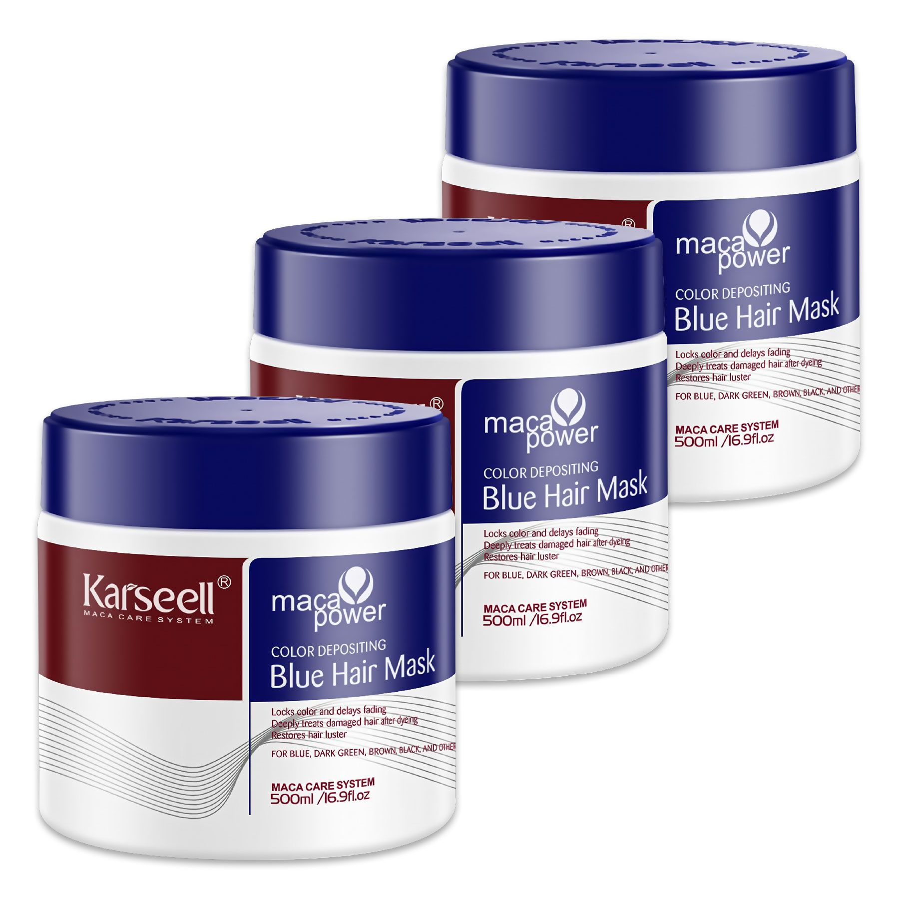 Drei Dosen blaue Haarmaske. Text: Karseell, maca power, Blue Hair Mask. 500ml/16.9 fl oz. Für blaues, dunkles, braunes Haar.