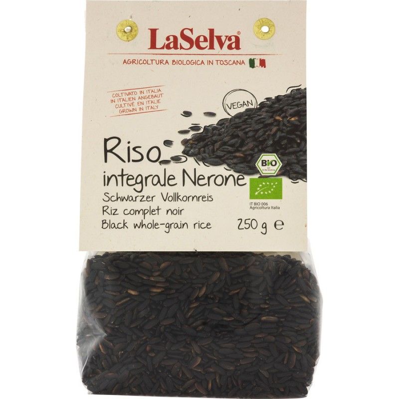 Verpackung mit schwarzem Vollkornreis. Aufschrift: LaSelva, Riso integrale Nerone, 250g, BIO-Siegel, vegan.