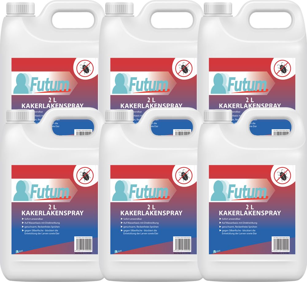 Mehrere weiße Kanister mit roter und blauer Beschriftung. Aufschrift: Futum Kakerlakenspray, 2 L.