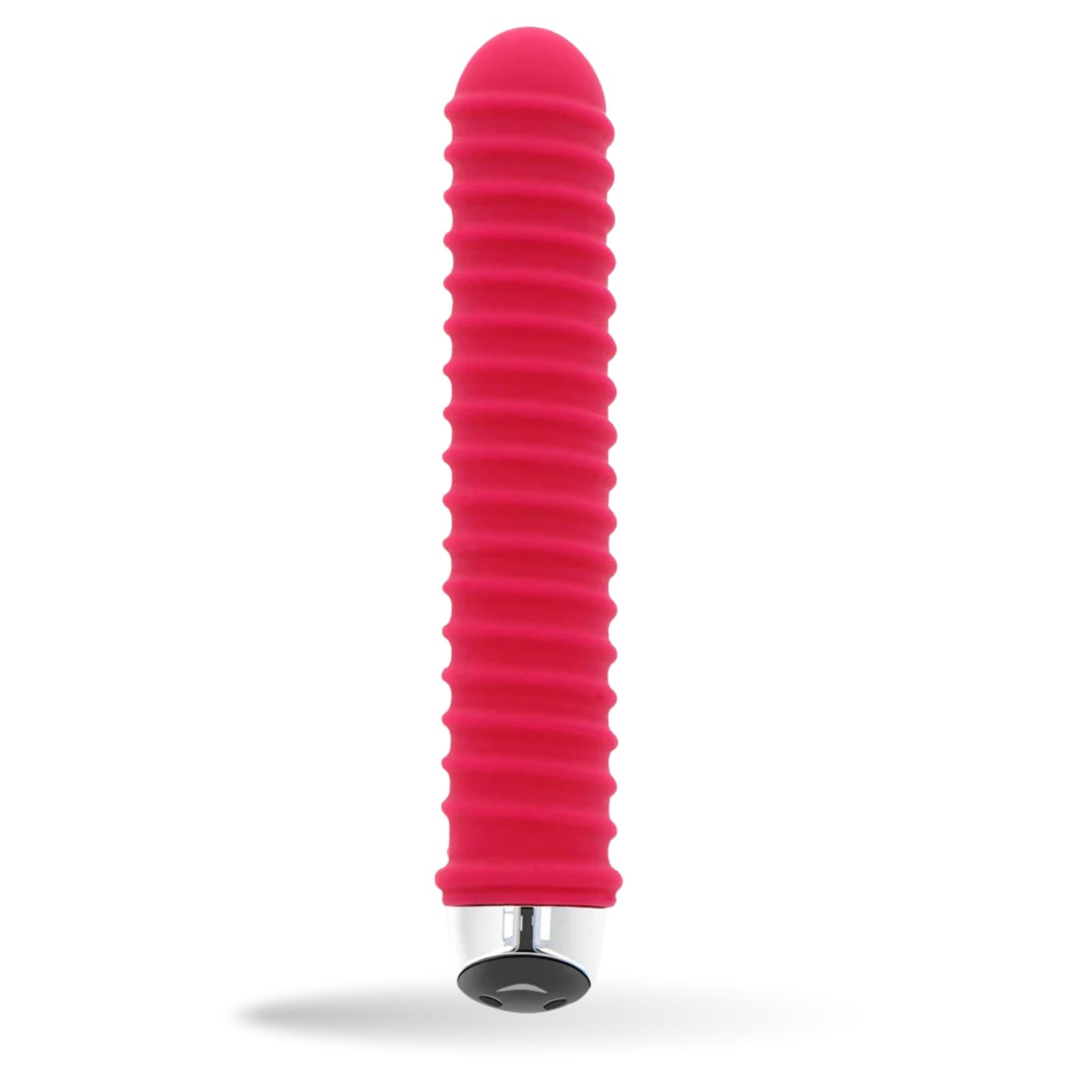 Vibrateur rouge rainuré. Forme cylindrique, base argentée.