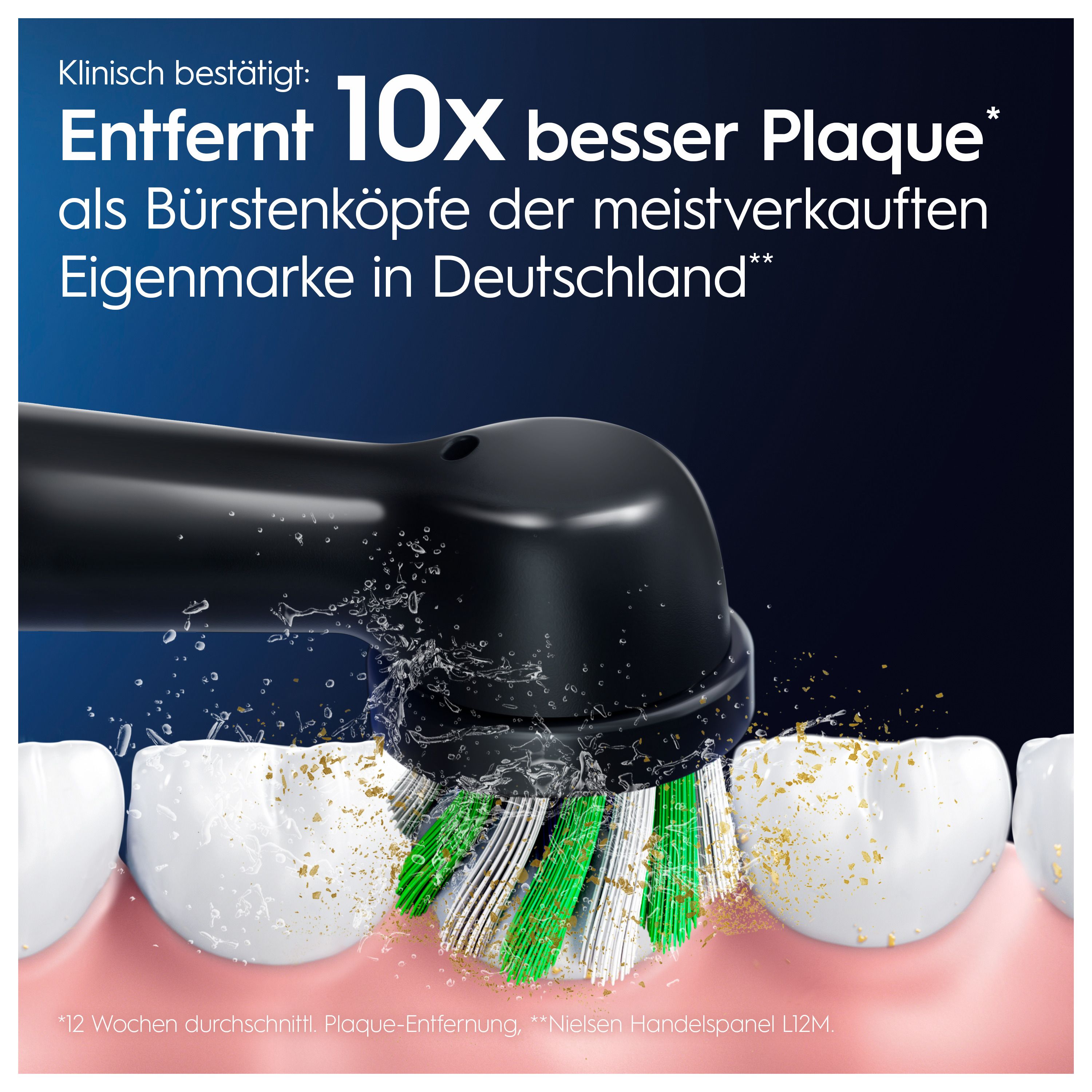 Zahnbürste reinigt Zähne. Text: Entfernt 10x besser Plaque. Marke: Oral-B. Schwarzer Bürstenkopf mit grünen Borsten.