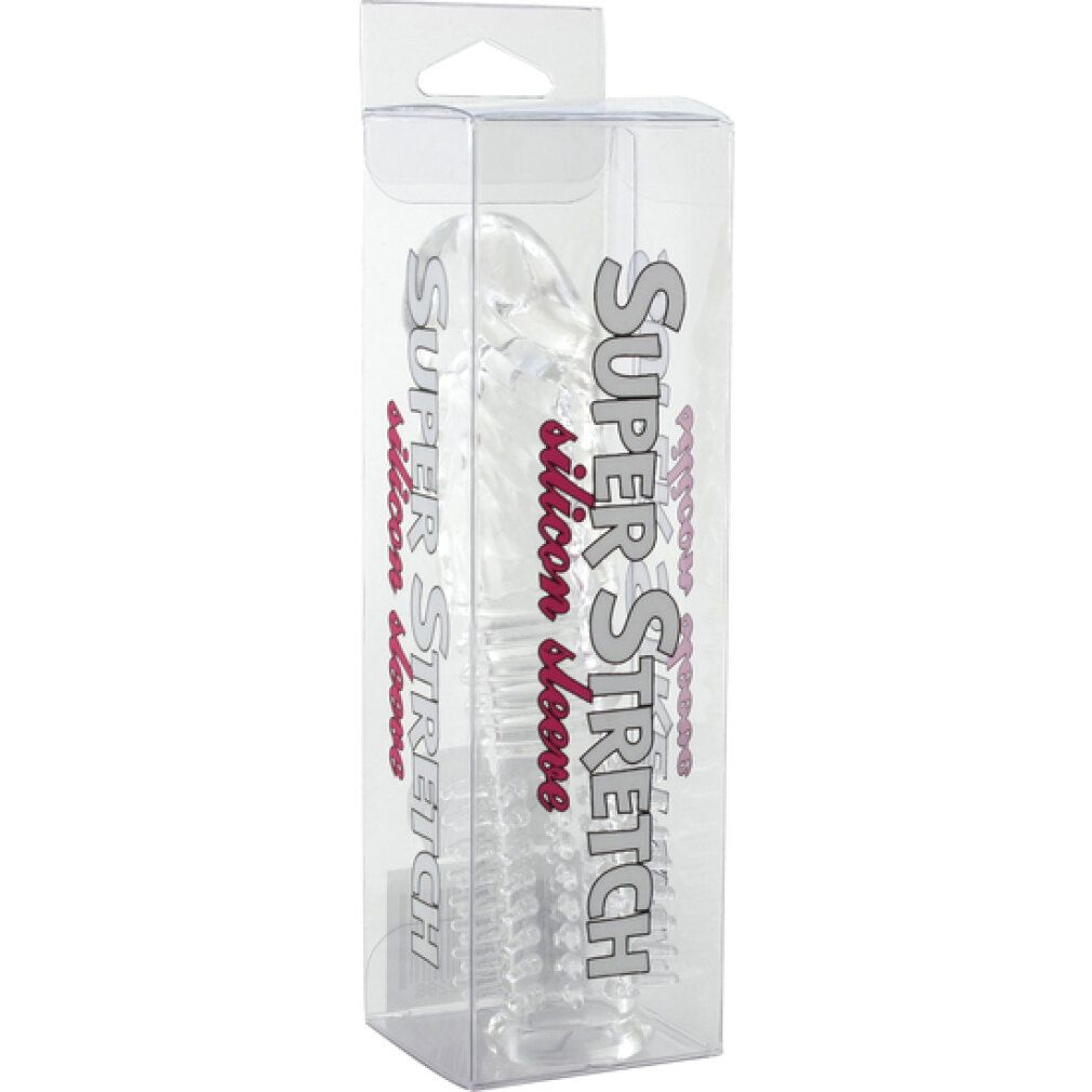Transparente Silikonhülle in Klarsichtverpackung. Aufschrift "SUPER STRETCH silicon sleeve".