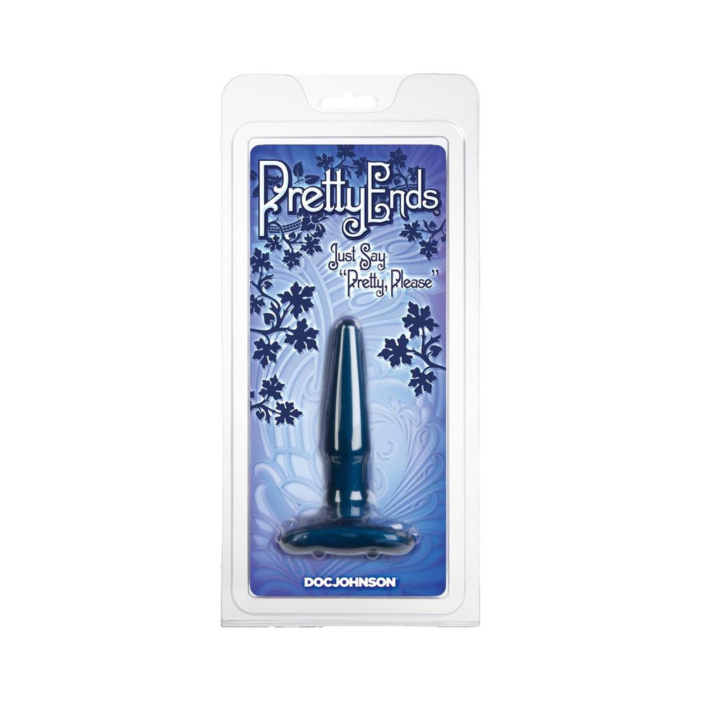 Blauer Analplug in Blisterverpackung. Auf der Verpackung: "Pretty Ends", "Just Say 'Pretty Please'" und "Doc Johnson".